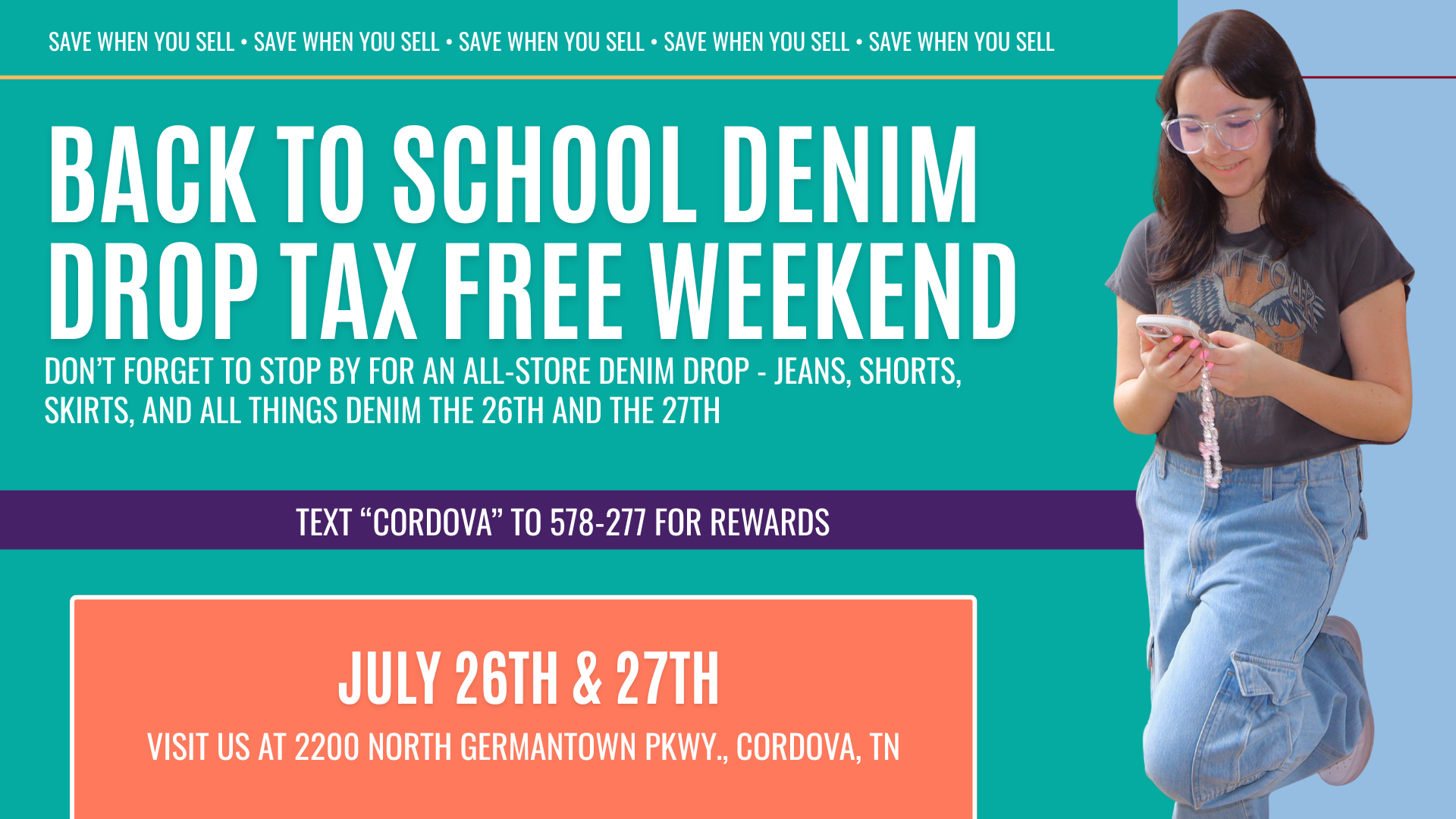 Display of name-brand denim including jeans, jackets, and skirts from Levi’s, American Eagle, Hollister, and Zara at Plato’s Closet Cordova, promoting the Back to School Denim Drop and Tax-Free Weekend event on July 26–27.